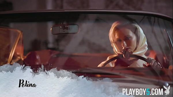 Petite blonde MILF with ass Polina striptease on top of a car